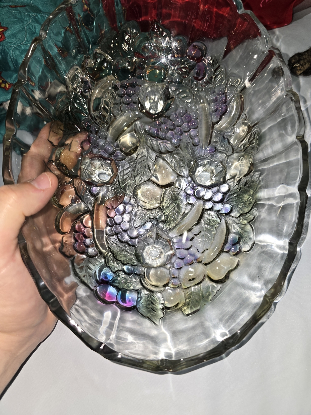 Iridescent Glass Fruit Bowl - Decorative Grape Motif Indiana Glass Vintage